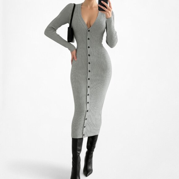Fashion Nova Gray Ribbed Knit V-Neck Button Front Midi Bodycon Sweater Dress XS - Picture 1 of 6